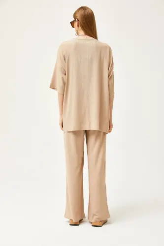 Woman Beige Top Kimono Bottom Pants Suit TKM-190002 - 5