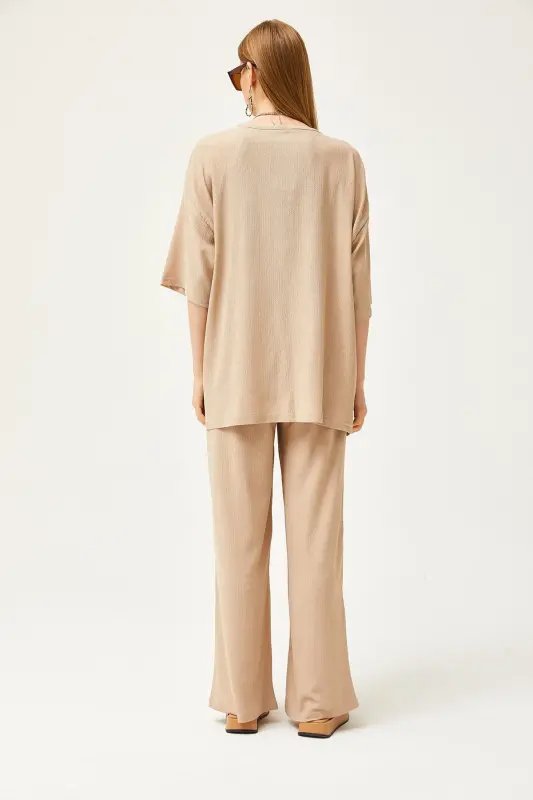 Woman Beige Top Kimono Bottom Pants Suit TKM-190002 - 5