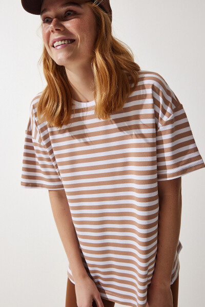 Woman Biscuit Bicycle Collar Striped Oversize Knitted T-Shirt EN00609 - HAPPINESS İSTANBUL (1)