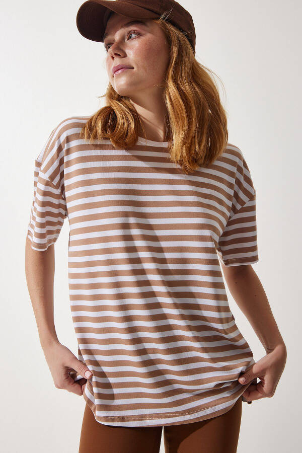 Woman Biscuit Bicycle Collar Striped Oversize Knitted T-Shirt EN00609 - 4