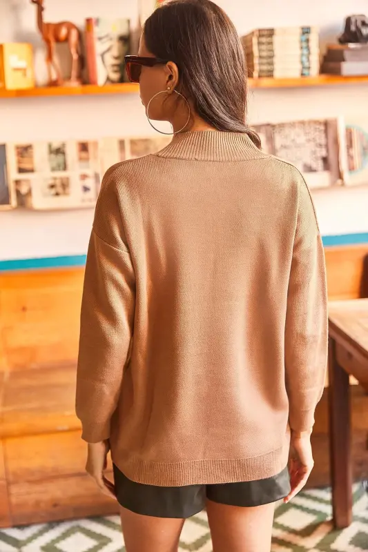 Woman Biscuit Fisherman Collar Soft Texture Baggy Knit Sweater KZK-19000531-Biscuit - 2