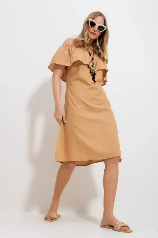 Woman Biscuit Madonna Collar Self-Patterned Woven Dress ALC-X11810-BISCUIT - 7