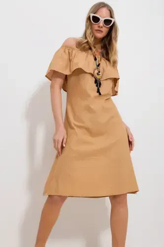 Woman Biscuit Madonna Collar Self-Patterned Woven Dress ALC-X11810-BISCUIT - TREND ALAÇATI STILI (1)