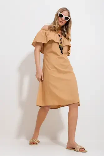 Woman Biscuit Madonna Collar Self-Patterned Woven Dress ALC-X11810-BISCUIT - 3