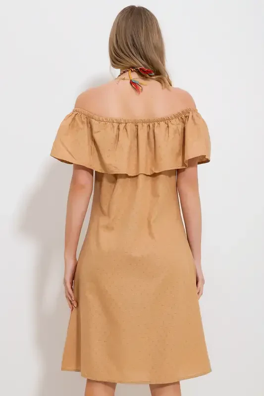 Woman Biscuit Madonna Collar Self-Patterned Woven Dress ALC-X11810-BISCUIT - 4