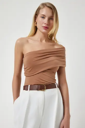 Woman Biscuit One Shoulder Ruched Knitted Blouse DZ00112-Biscuit 