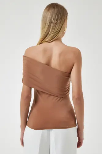 Woman Biscuit One Shoulder Ruched Knitted Blouse DZ00112-Biscuit - 5