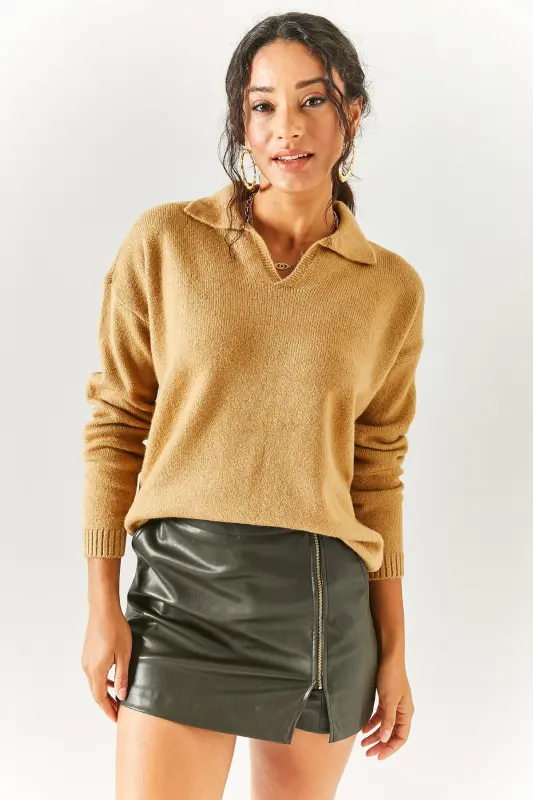 Woman Biscuit Polo Neck Washable Soft Touch Knitted Sweater KZK-19000432-Biscuit - 3
