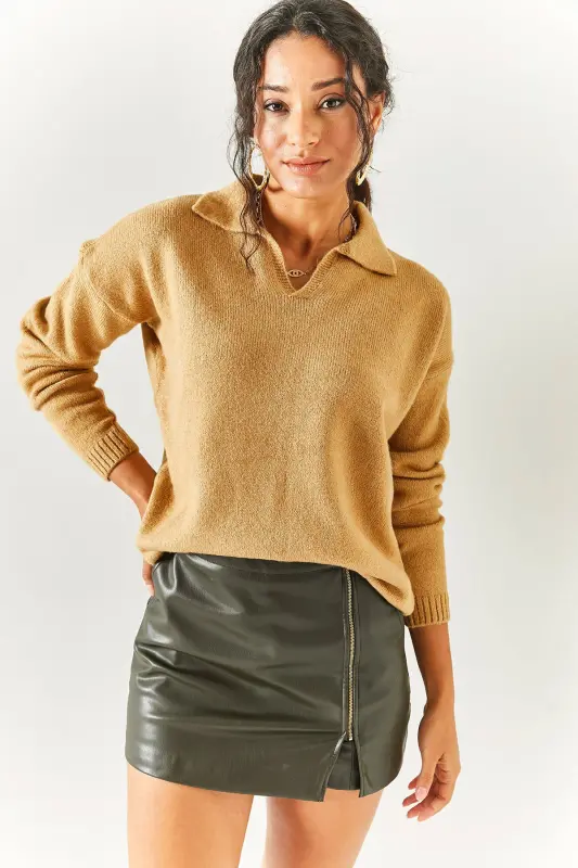 Woman Biscuit Polo Neck Washable Soft Touch Knitted Sweater KZK-19000432-Biscuit - 4