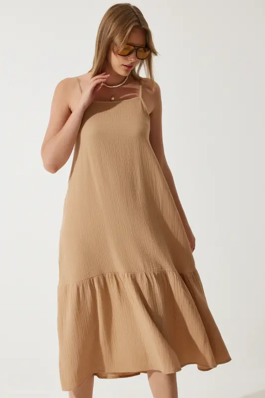 Woman Biscuit Tank Top Summer Oversize Muslin Dress BP00163-Biscuit - 2