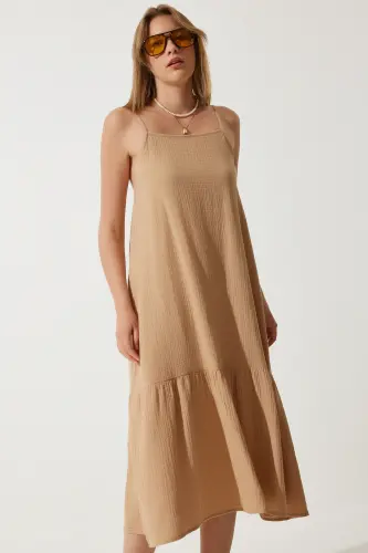 Woman Biscuit Tank Top Summer Oversize Muslin Dress BP00163-Biscuit - 3