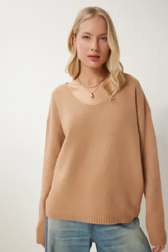 Woman Biscuit V Neck Knit Sweater ZA00063-Biscuit 