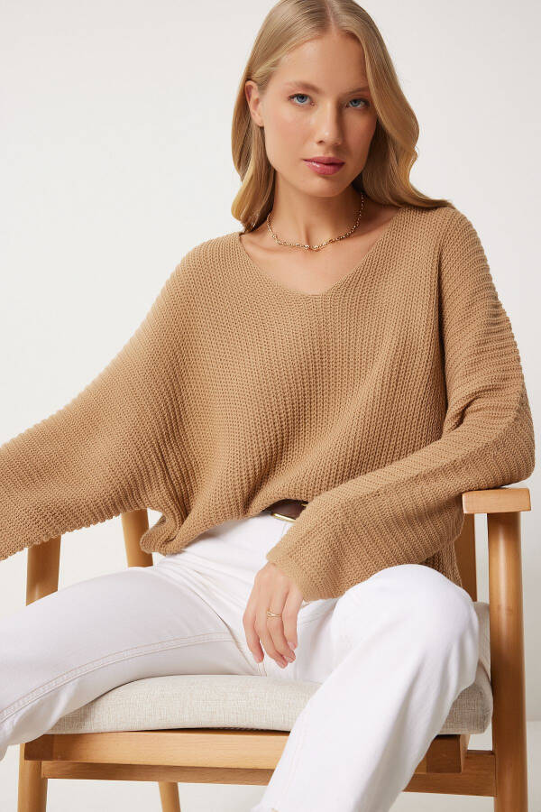 Woman Biscuit V Neck Ribbed Knit Oversize Knitwear K - 2