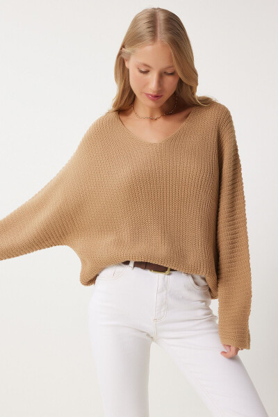 Woman Biscuit V Neck Ribbed Knit Oversize Knitwear K - 3