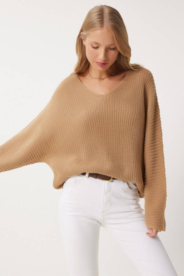 Woman Biscuit V Neck Ribbed Knit Oversize Knitwear K - 3