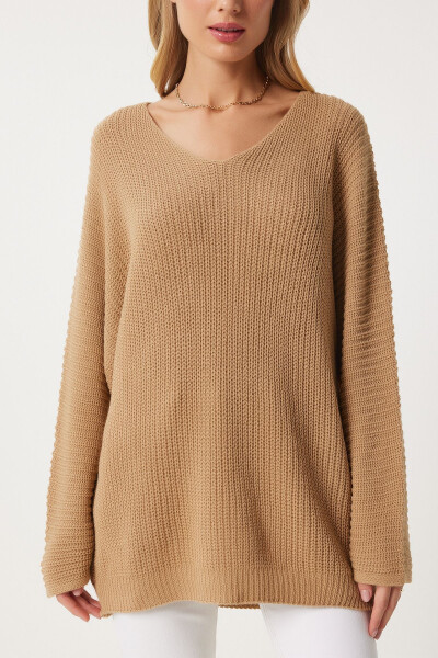 Woman Biscuit V Neck Ribbed Knit Oversize Knitwear K - 4