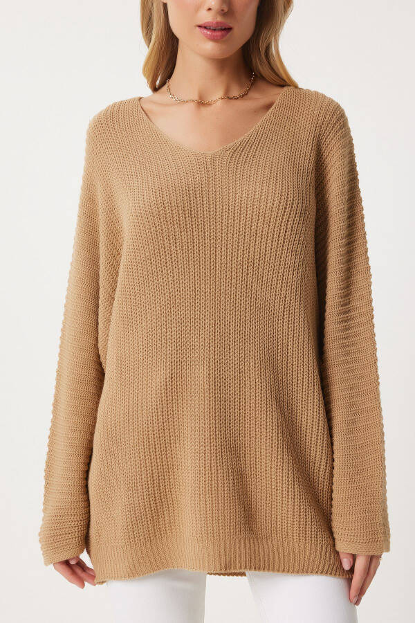 Woman Biscuit V Neck Ribbed Knit Oversize Knitwear K - 4