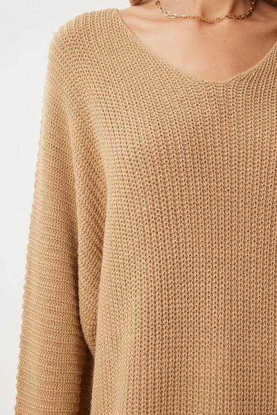 Woman Biscuit V Neck Ribbed Knit Oversize Knitwear K - 5