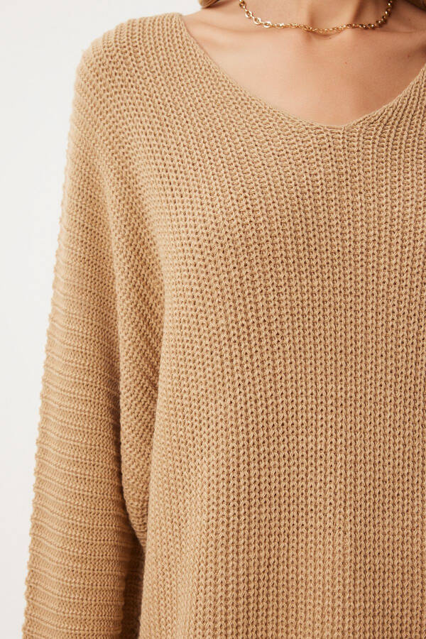 Woman Biscuit V Neck Ribbed Knit Oversize Knitwear K - 5
