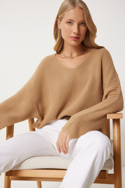 Woman Biscuit V Neck Ribbed Knit Oversize Knitwear K - HAPPINESS İSTANBUL (1)