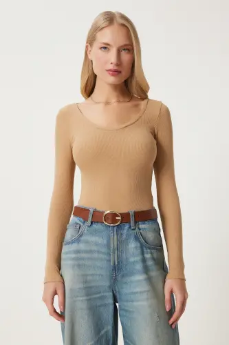 Woman Biscuit V Neck Ribbed Lycra Knitted Blouse GT00057-Biscuit - 4
