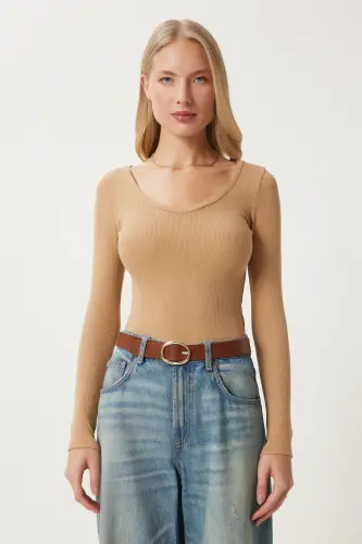 Woman Biscuit V Neck Ribbed Lycra Knitted Blouse GT00057-Biscuit - 5