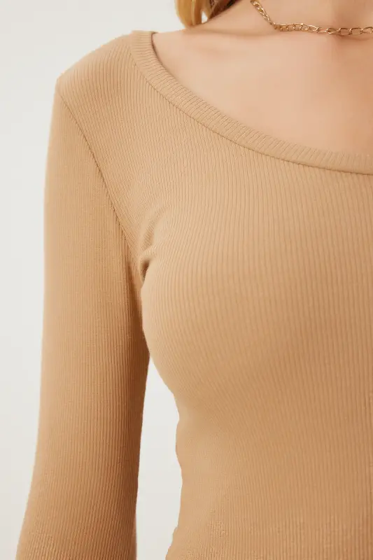 Woman Biscuit V Neck Ribbed Lycra Knitted Blouse GT00057-Biscuit - 7