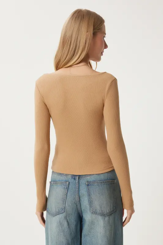 Woman Biscuit V Neck Ribbed Lycra Knitted Blouse GT00057-Biscuit - 8