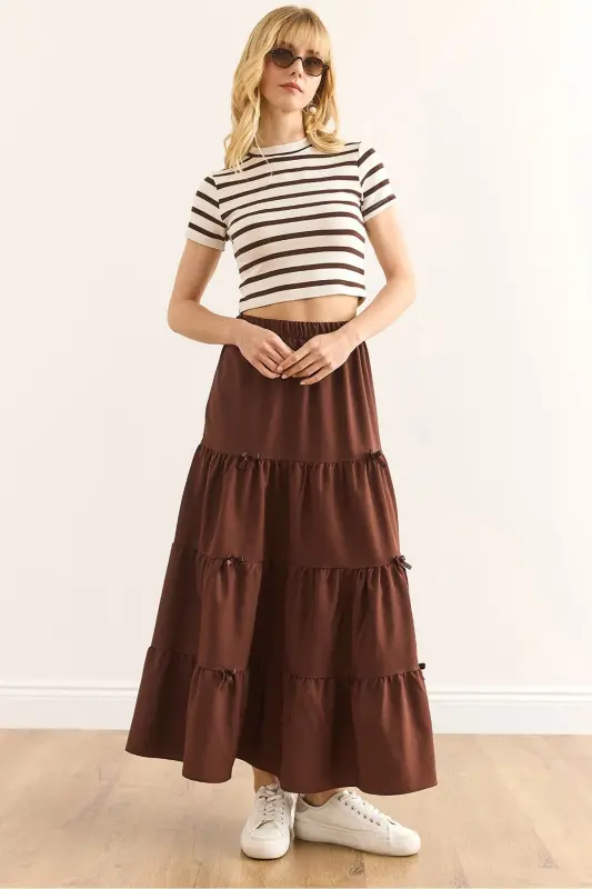 Woman Bitter Coffee Bow Detailed Patchwork Bell Skirt ET - 1