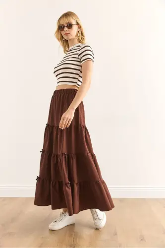 Woman Bitter Coffee Bow Detailed Patchwork Bell Skirt ET - OLALOOK (1)