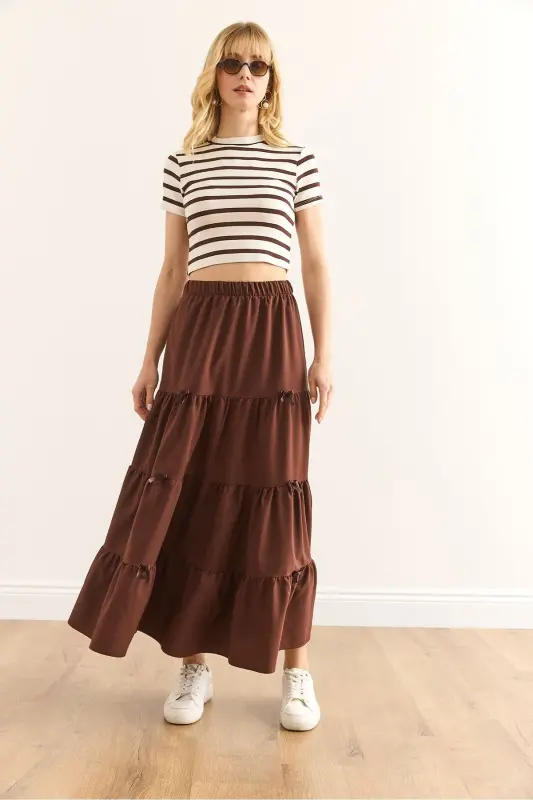 Woman Bitter Coffee Bow Detailed Patchwork Bell Skirt ET - 3