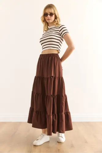 Woman Bitter Coffee Bow Detailed Patchwork Bell Skirt ET - 4