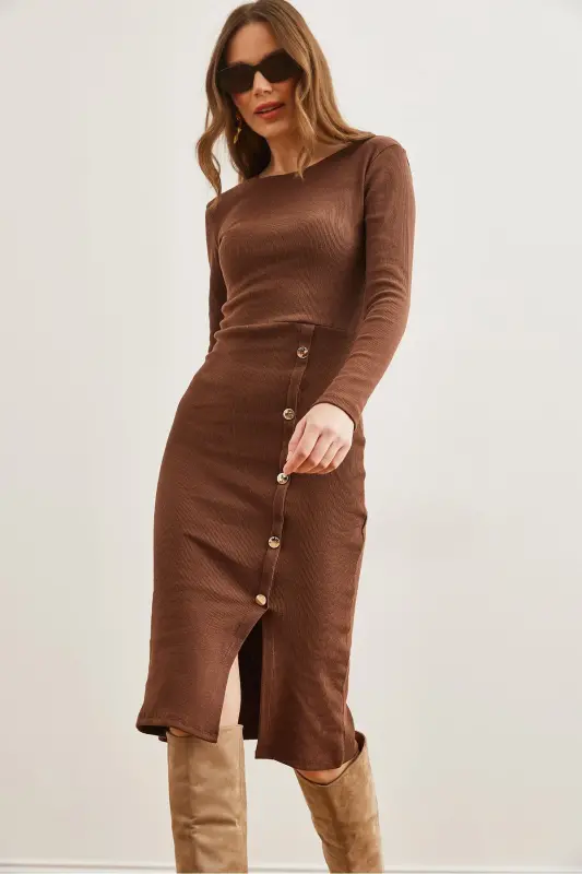 Woman Bitter Coffee Button Detailed Slit Midi Flexible - 1