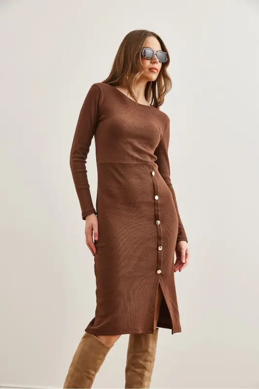 Woman Bitter Coffee Button Detailed Slit Midi Flexible - 2
