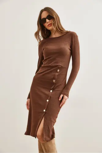 Woman Bitter Coffee Button Detailed Slit Midi Flexible - 3
