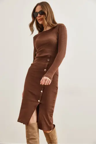Woman Bitter Coffee Button Detailed Slit Midi Flexible - 4