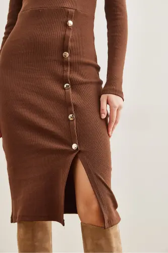 Woman Bitter Coffee Button Detailed Slit Midi Flexible - 5