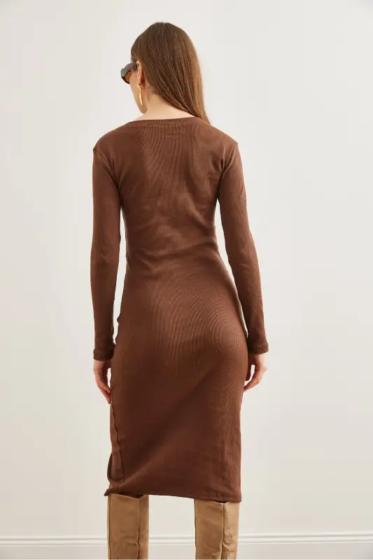 Woman Bitter Coffee Button Detailed Slit Midi Flexible - 6