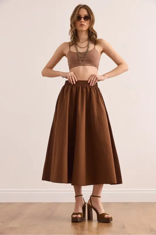 Woman Bitter Coffee Pocketed Elastic Waist Midi Woven Dress - 6