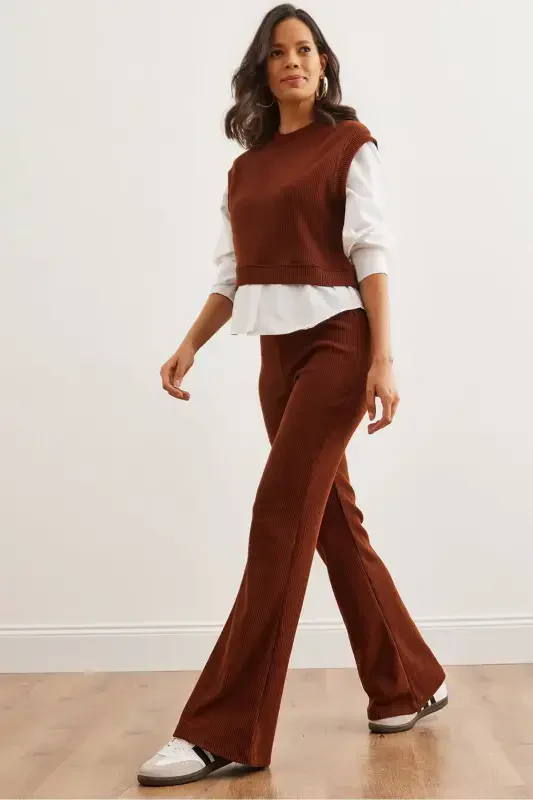 Woman Bitter Coffee Top Shirt Detailed Blouse Bottom Spanish - MODAZONE