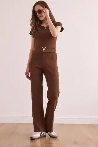 Woman Bitter Coffee V Detailed Top and Bottom Cotton Ribbed Fit - 1