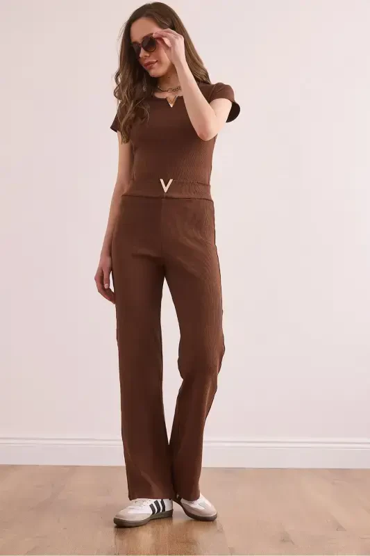 Woman Bitter Coffee V Detailed Top and Bottom Cotton Ribbed Fit - 1