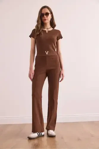 Woman Bitter Coffee V Detailed Top and Bottom Cotton Ribbed Fit - OLALOOK (1)