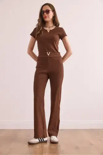 Woman Bitter Coffee V Detailed Top and Bottom Cotton Ribbed Fit - 3