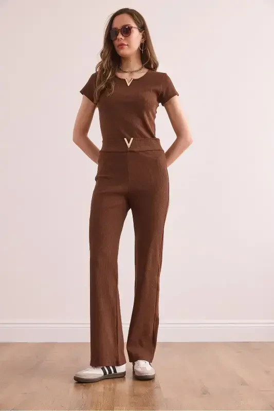 Woman Bitter Coffee V Detailed Top and Bottom Cotton Ribbed Fit - 3