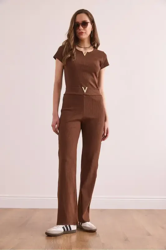 Woman Bitter Coffee V Detailed Top and Bottom Cotton Ribbed Fit - 5