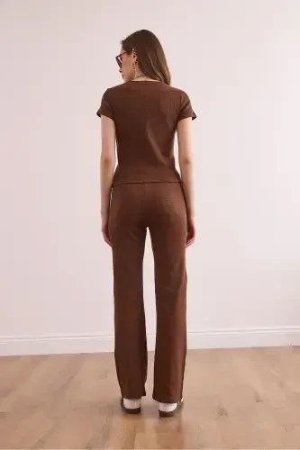 Woman Bitter Coffee V Detailed Top and Bottom Cotton Ribbed Fit - 7