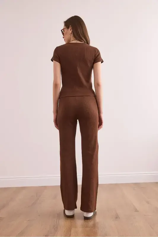 Woman Bitter Coffee V Detailed Top and Bottom Cotton Ribbed Fit - 7