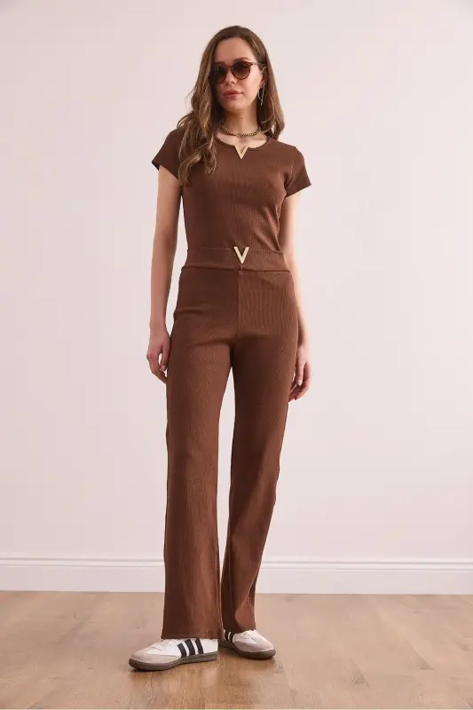 Woman Bitter Coffee V Detailed Top and Bottom Cotton Ribbed Fit - 5