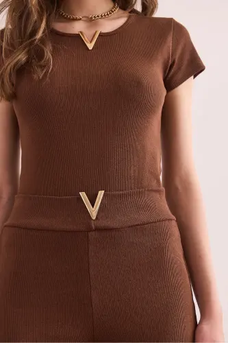 Woman Bitter Coffee V Detailed Top and Bottom Cotton Ribbed Fit - 6